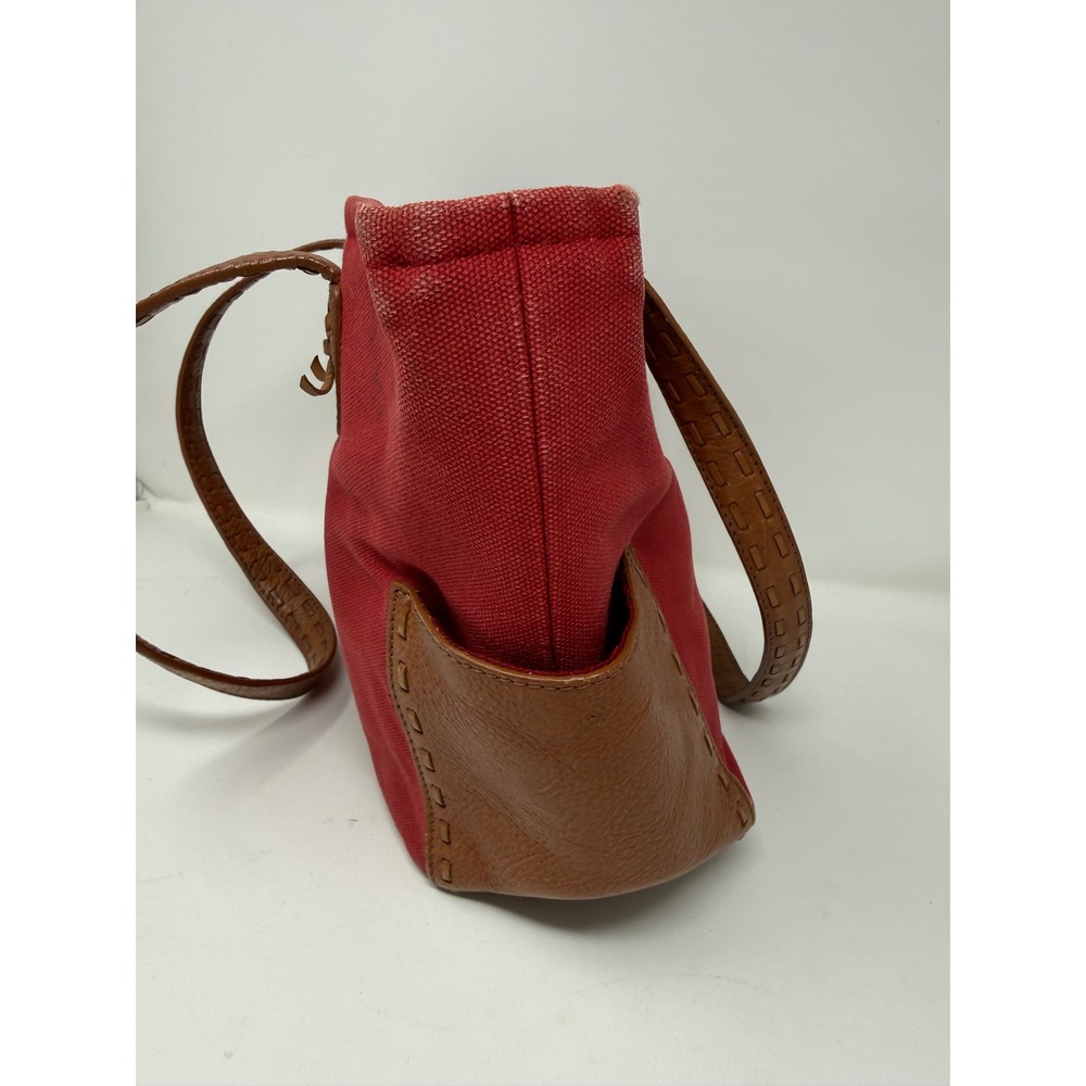 Fossil Red Canvas Brown Leather Trim Tote Shoulder Bag Whipstitch Key Charm - Picture 4 of 14